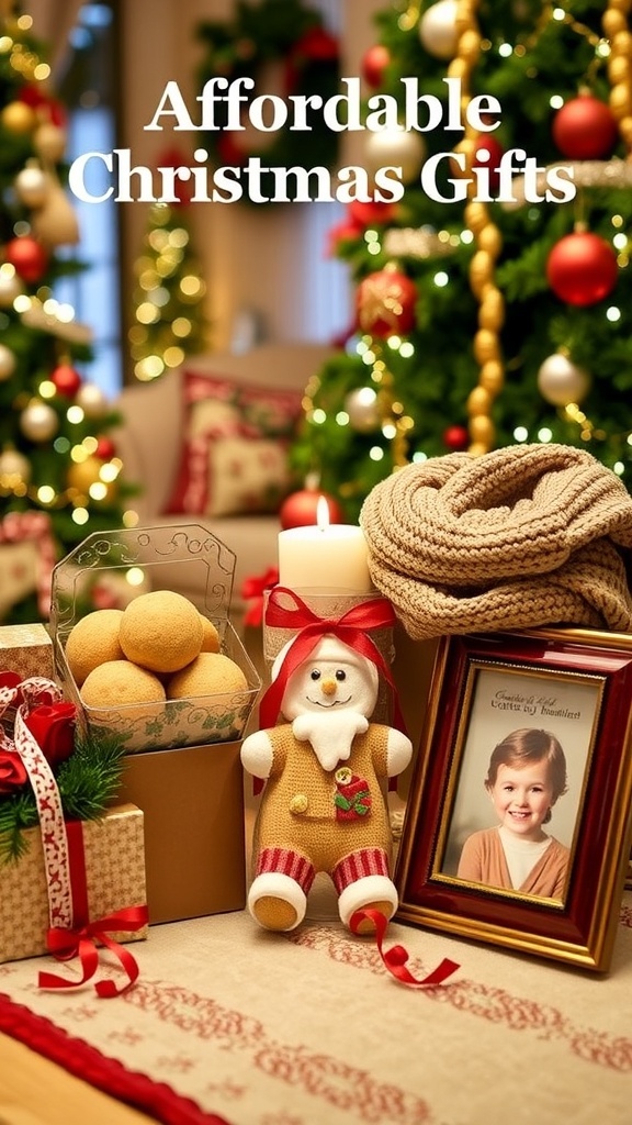 Affordable Christmas Gift Ideas A collection of budget-friendly Christmas gifts including cookies, a scarf, and a photo frame, surrounded by holiday decorations.